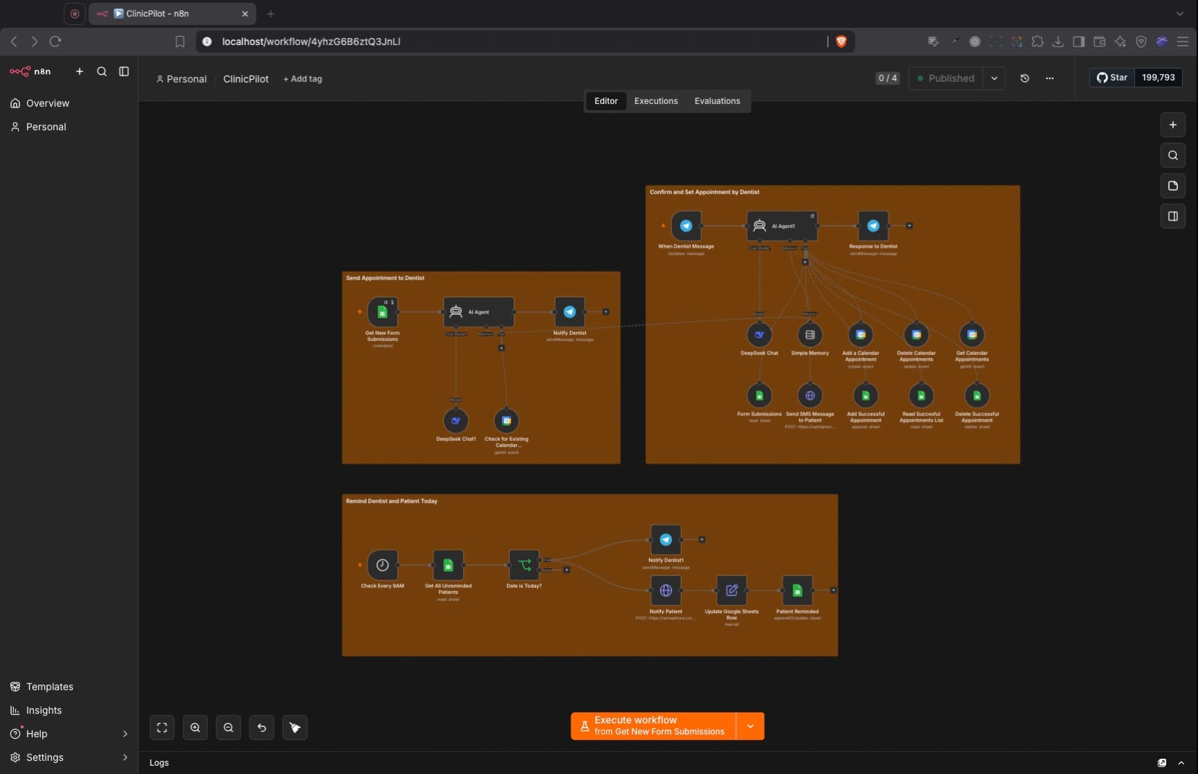 The workflow open in the n8n editor, in three labelled groups: form intake through the AI agent to the dentist on the left, the dentist's approval agent with its calendar, Sheets and SMS tools on the right, and the 9AM reminder run along the bottom.